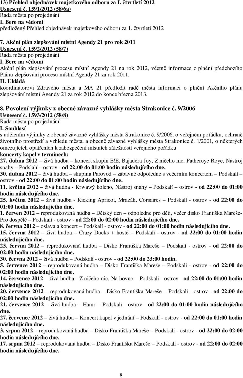 1592/2012 (58/7) Akční plán zlepšování procesu místní Agendy 21 na rok 2012, včetně informace o plnění předchozího Plánu zlepšování procesu místní Agendy 21 za rok 2011. II.