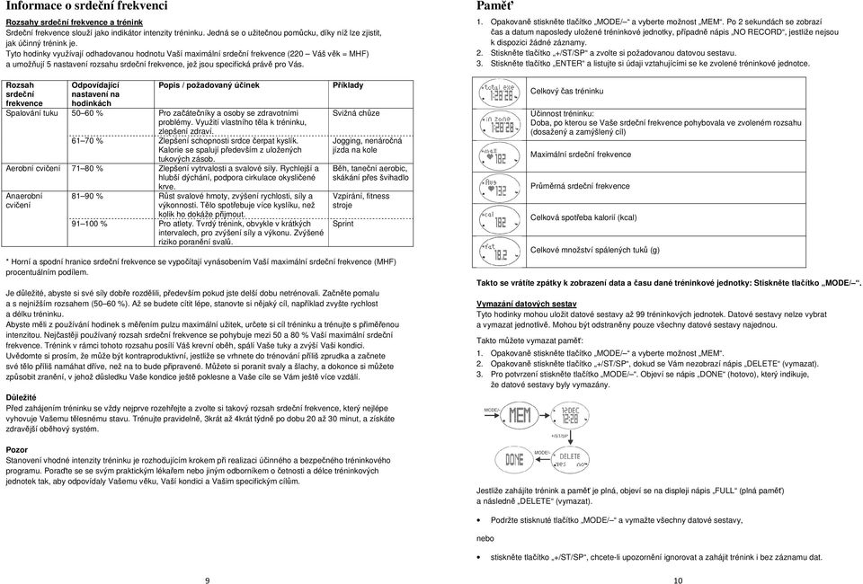 Rozsah srdeční frekvence Odpovídající nastavení na hodinkách Popis / požadovaný účinek Spalování tuku 50 60 % Pro začátečníky a osoby se zdravotními problémy.