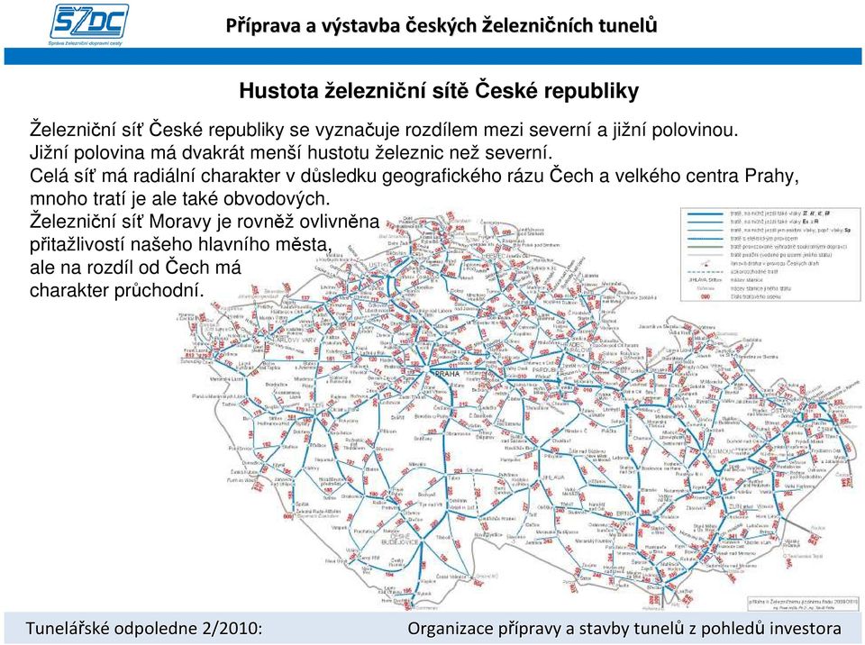 Celá síť má radiální charakter v důsledku geografického rázu Čech a velkého centra Prahy, mnoho tratí je ale