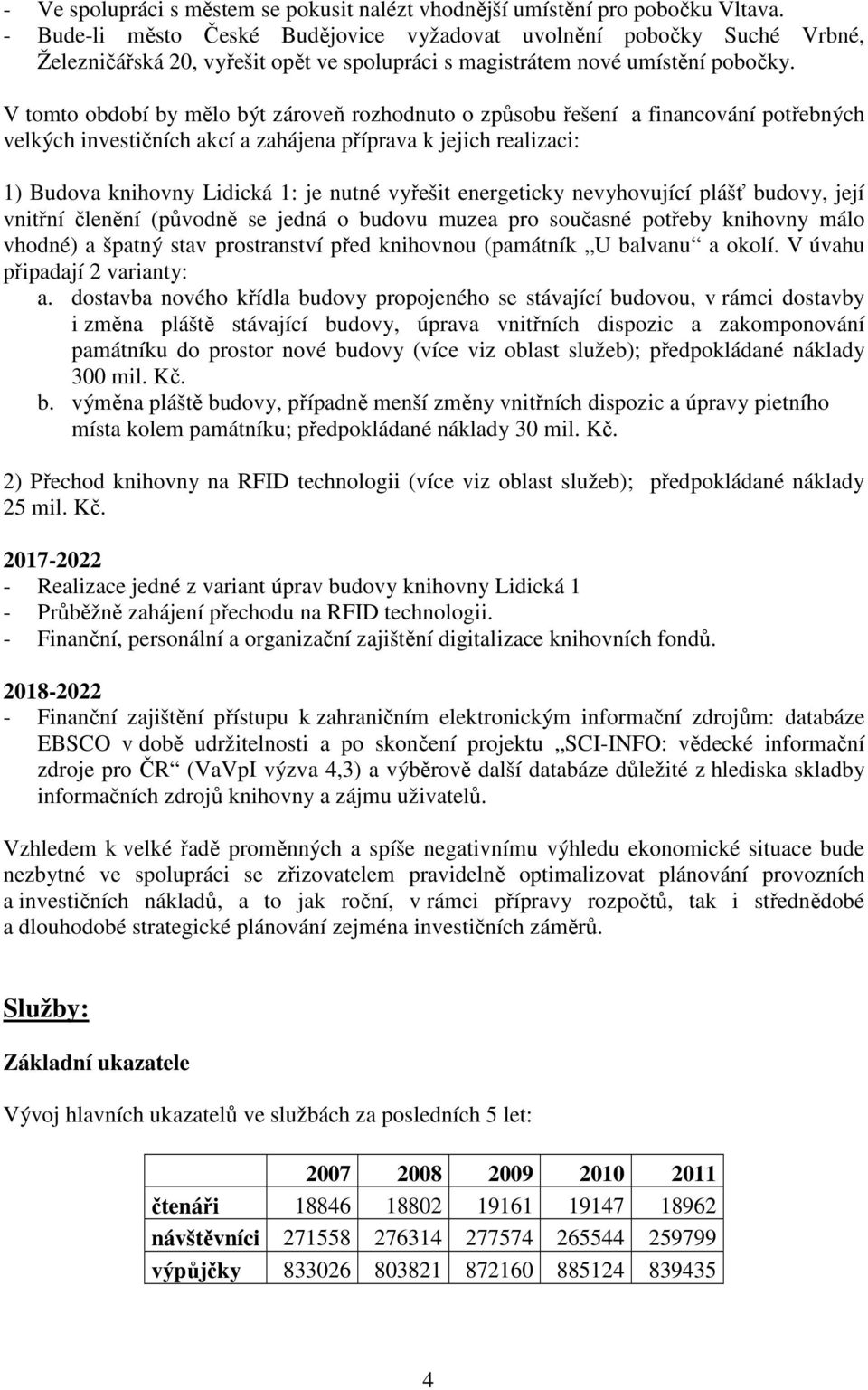 V tomto období by mělo být zároveň rozhodnuto o způsobu řešení a financování potřebných velkých investičních akcí a zahájena příprava k jejich realizaci: 1) Budova knihovny Lidická 1: je nutné