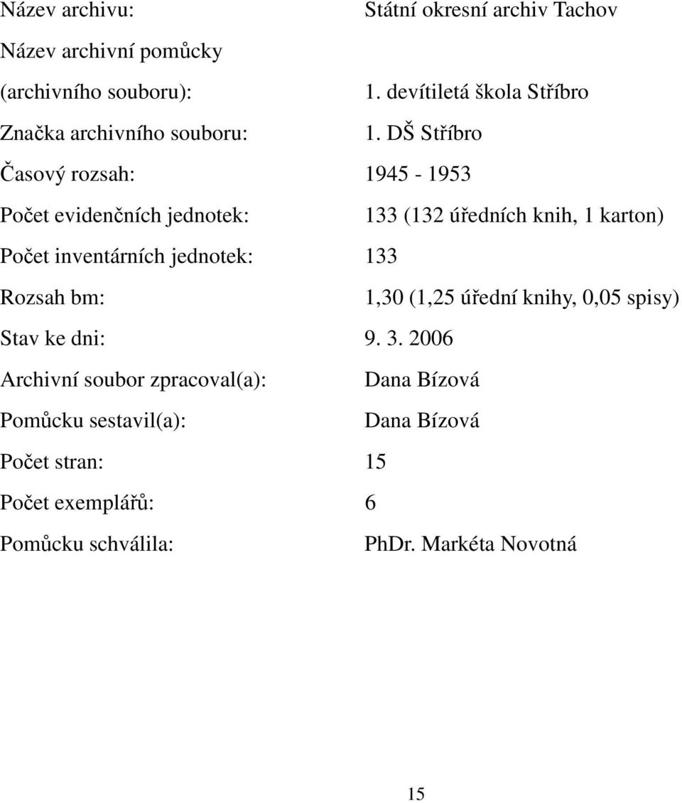DŠ Stříbro Časový rozsah: 1945-1953 Počet evidenčních jednotek: 133 (132 úředních knih, 1 karton) Počet inventárních