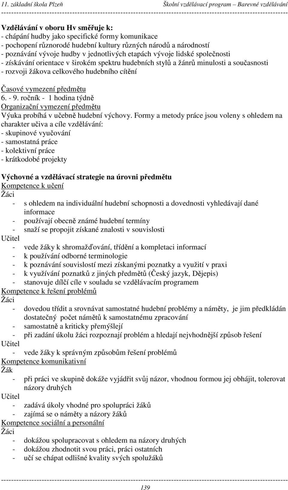 ročník - 1 hodina týdně Organizační vymezení předmětu Výuka probíhá v učebně hudební výchovy.