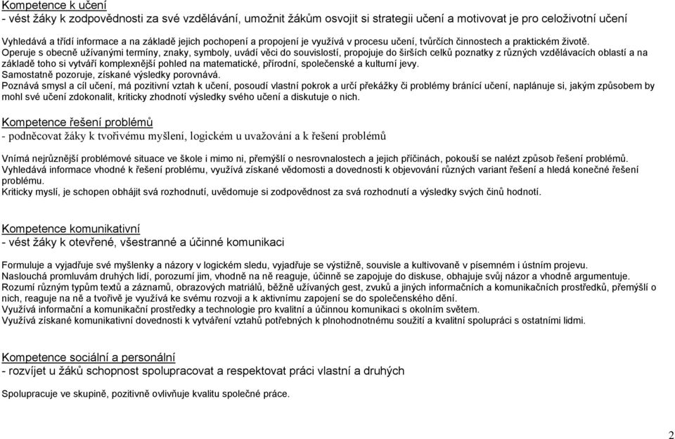 Operuje s obecně uţívanými termíny, znaky, symboly, uvádí věci do souvislostí, propojuje do širších celků poznatky z různých vzdělávacích oblastí a na základě toho si vytváří komplexnější pohled na