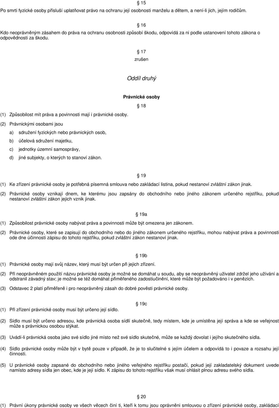 16 17 zrušen Oddíl druhý Právnické osoby 18 (1) Způsobilost mít práva a povinnosti mají i právnické osoby.