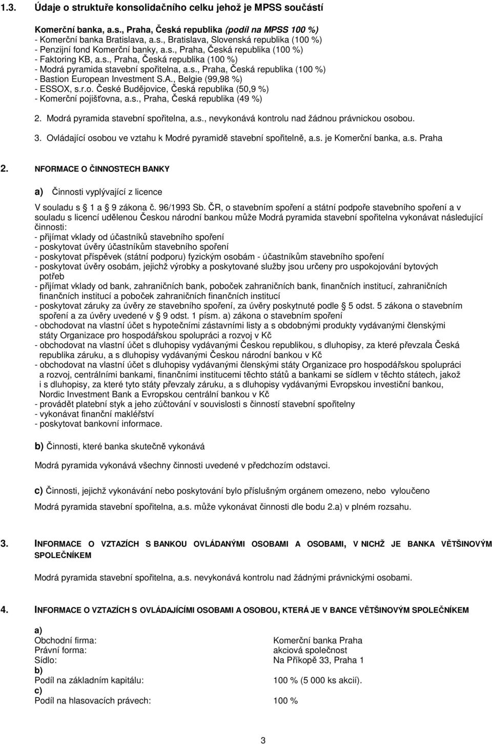 , Belgie (99,98 %) - ESSOX, s.r.o. České Budějovice, Česká republika (50,9 %) - Komerční pojišťovna, a.s., Praha, Česká republika (49 %) 2. Modrá pyramida stavební spořitelna, a.s., nevykonává kontrolu nad žádnou právnickou osobou.