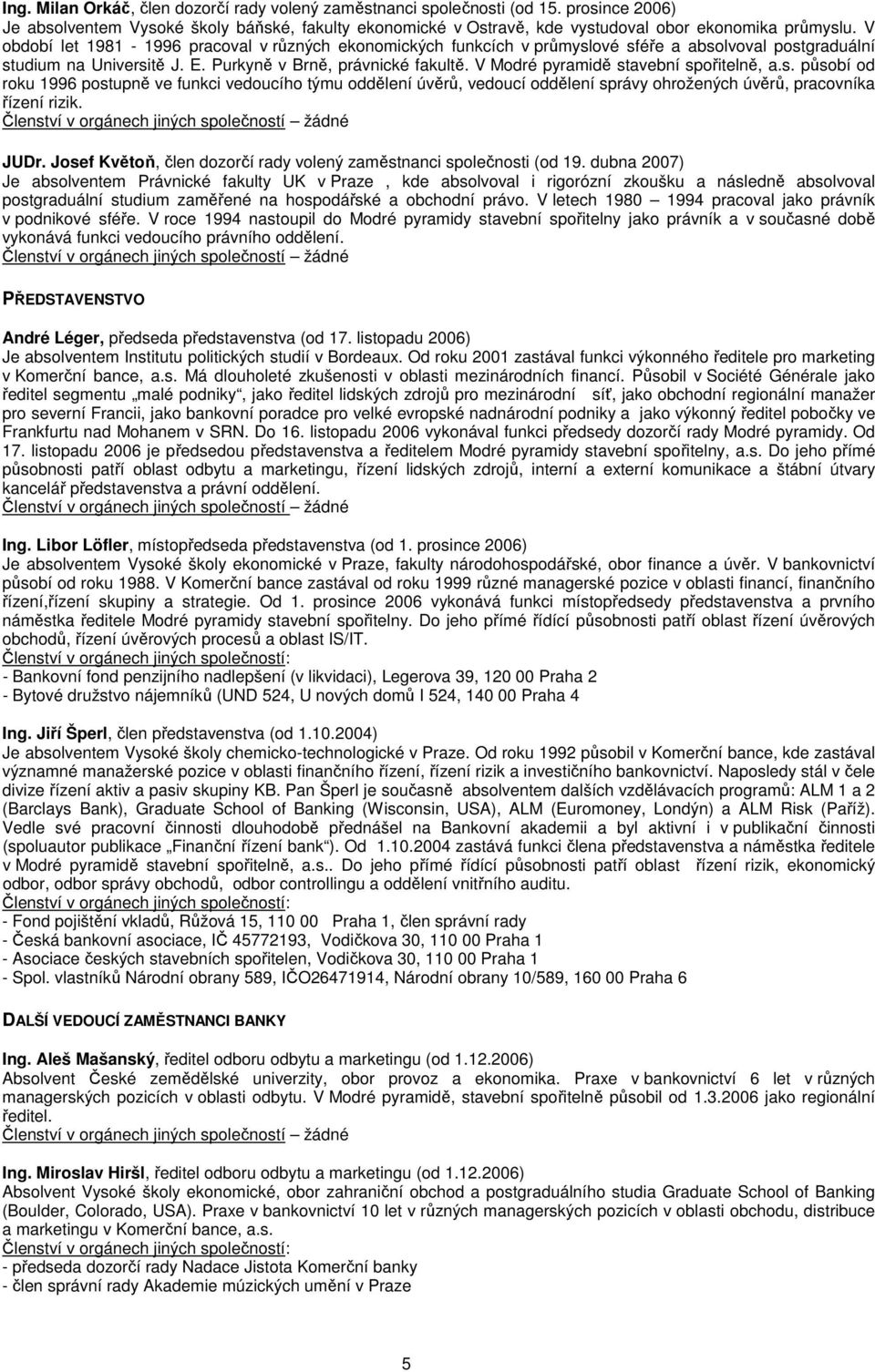 V Modré pyramidě stavební spořitelně, a.s. působí od roku 1996 postupně ve funkci vedoucího týmu oddělení úvěrů, vedoucí oddělení správy ohrožených úvěrů, pracovníka řízení rizik. JUDr.