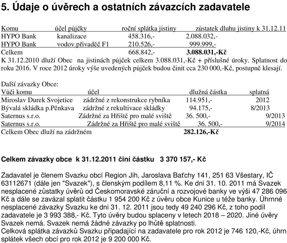 V roce 2012 úroky výše uvedených půjček budou činit cca 230 000,-Kč, postupně klesají.