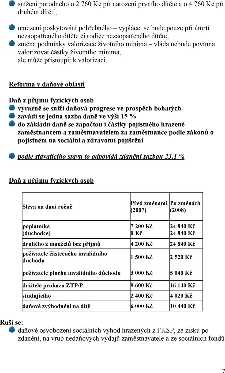 Reforma v daňové oblasti Daň z příjmu fyzických osob výrazně se sníží daňová progrese ve prospěch bohatých zavádí se jedna sazba daně ve výši 15 % do základu daně se započtou i částky pojistného