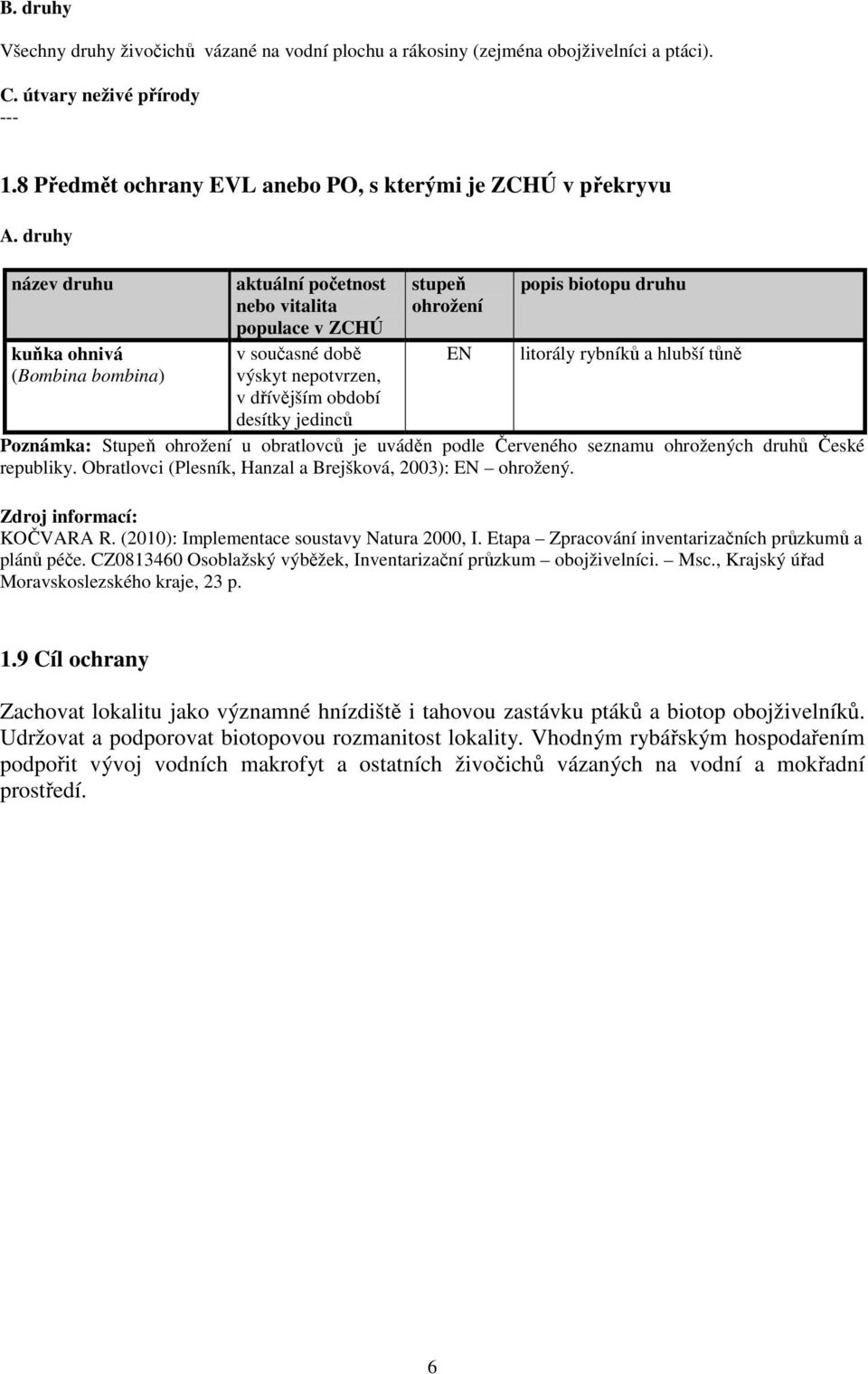 biotopu druhu litorály rybníků a hlubší tůně Poznámka: Stupeň ohrožení u obratlovců je uváděn podle Červeného seznamu ohrožených druhů České republiky.