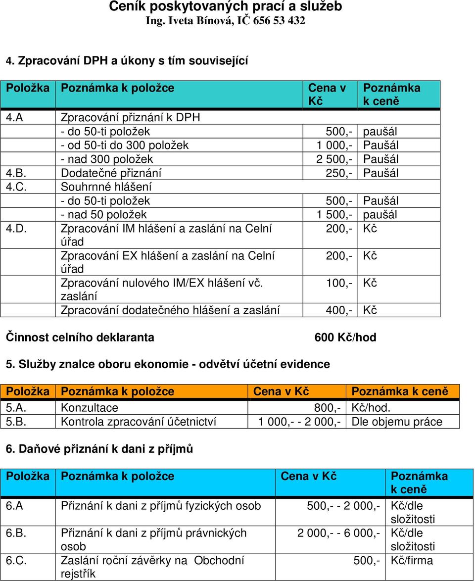 Souhrnné hlášení - do 50-ti položek 500,- Paušál - nad 50 položek 1 500,- paušál 4.D.