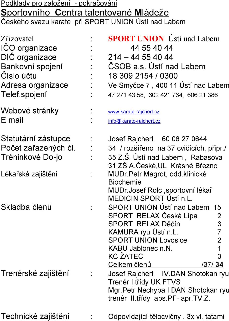 spojení : 47 271 43 58, 602 421 764, 606 21 386 Webové stránky : www.karate-rajchert.cz E mail : info@karate-rajchert.cz Statutární zástupce : Josef Rajchert 60 06 27 0644 Počet zařazených čl.