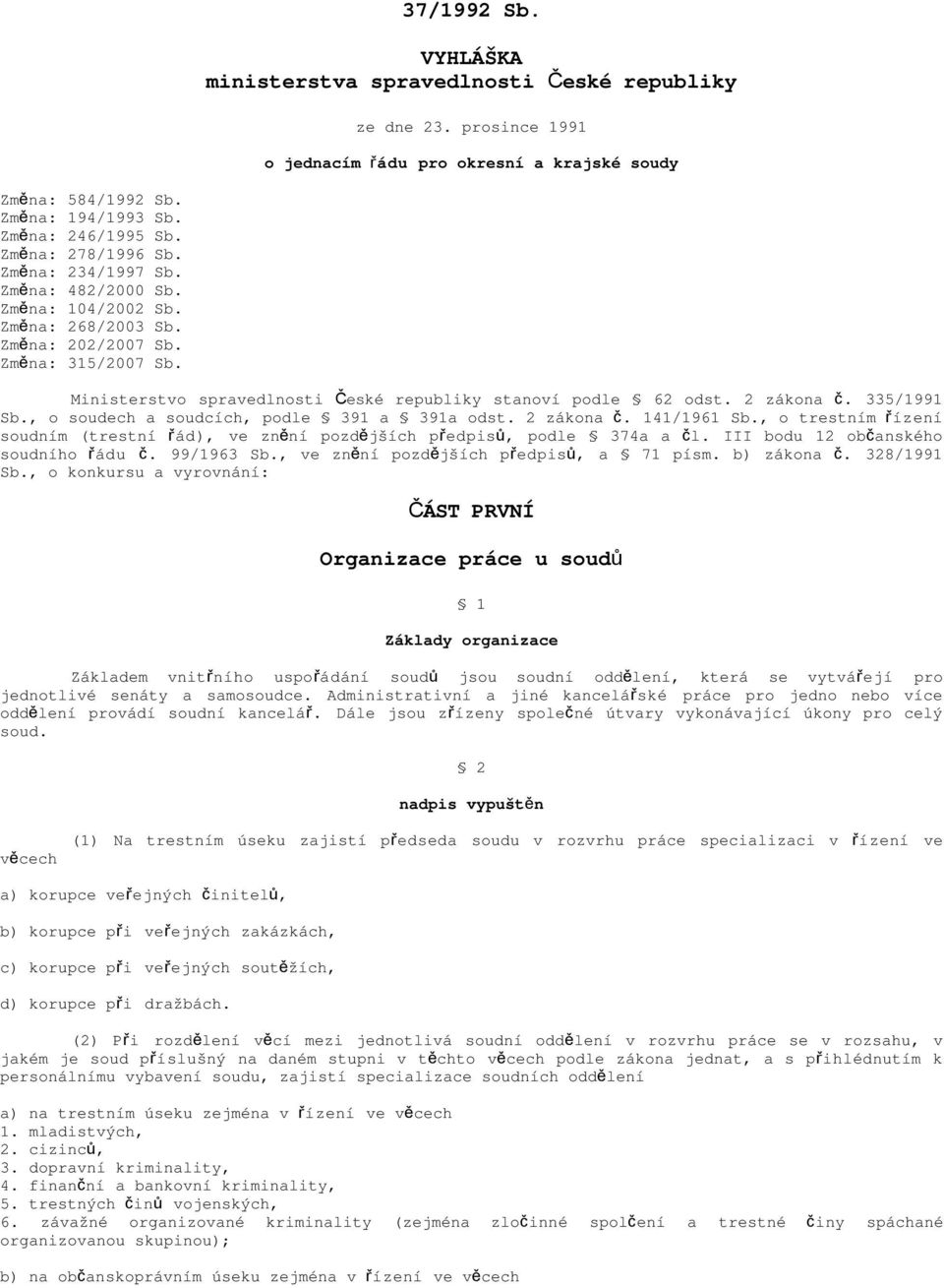 Ministerstvo spravedlnosti České republiky stanoví podle 62 odst. 2 zákona č. 335/1991 Sb., o soudech a soudcích, podle 391 a 391a odst. 2 zákona č. 141/1961 Sb.