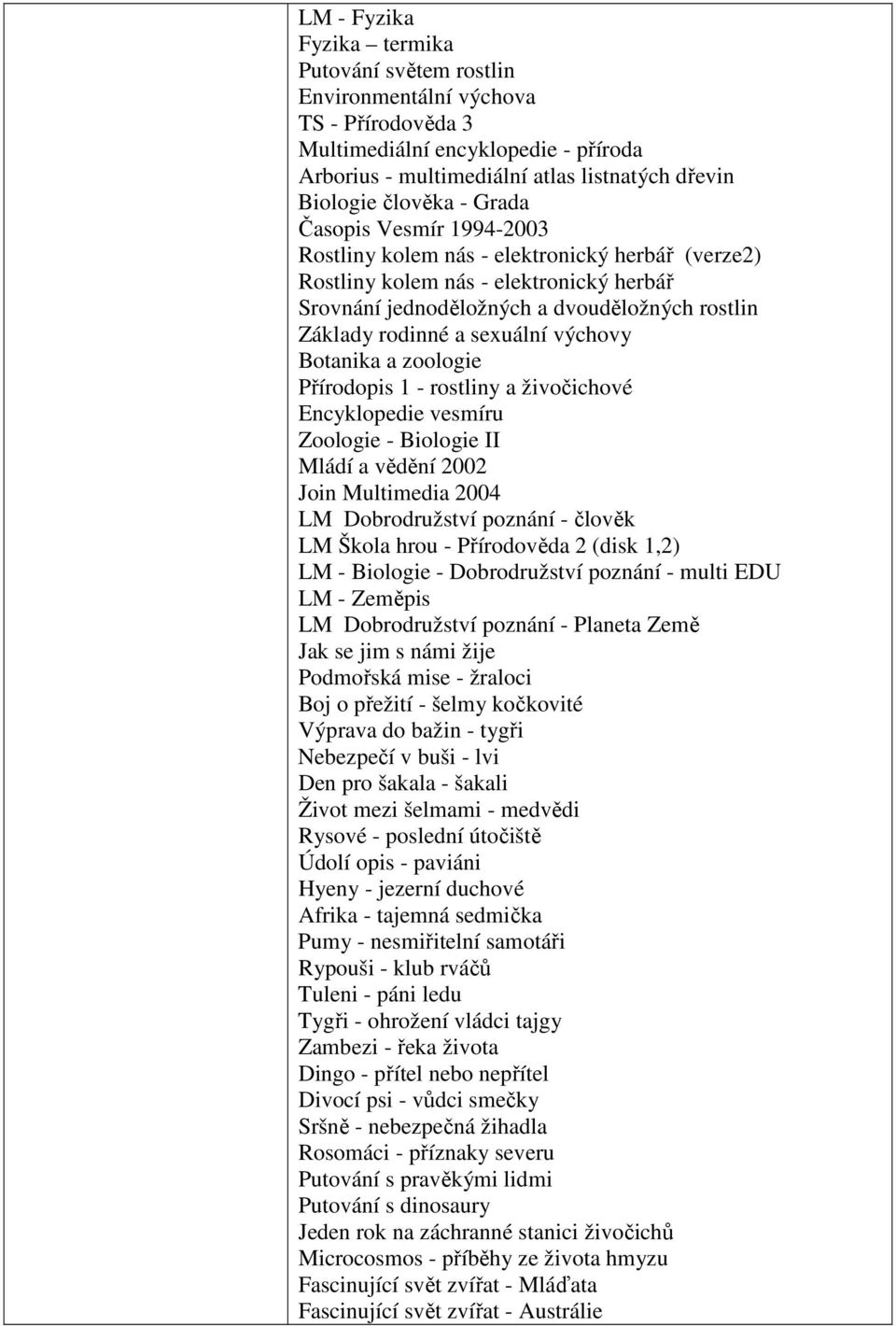 výchovy Botanika a zoologie Přírodopis 1 - rostliny a živočichové Encyklopedie vesmíru Zoologie - Biologie II Mládí a vědění 2002 Join Multimedia 2004 LM Dobrodružství poznání - člověk LM Škola hrou