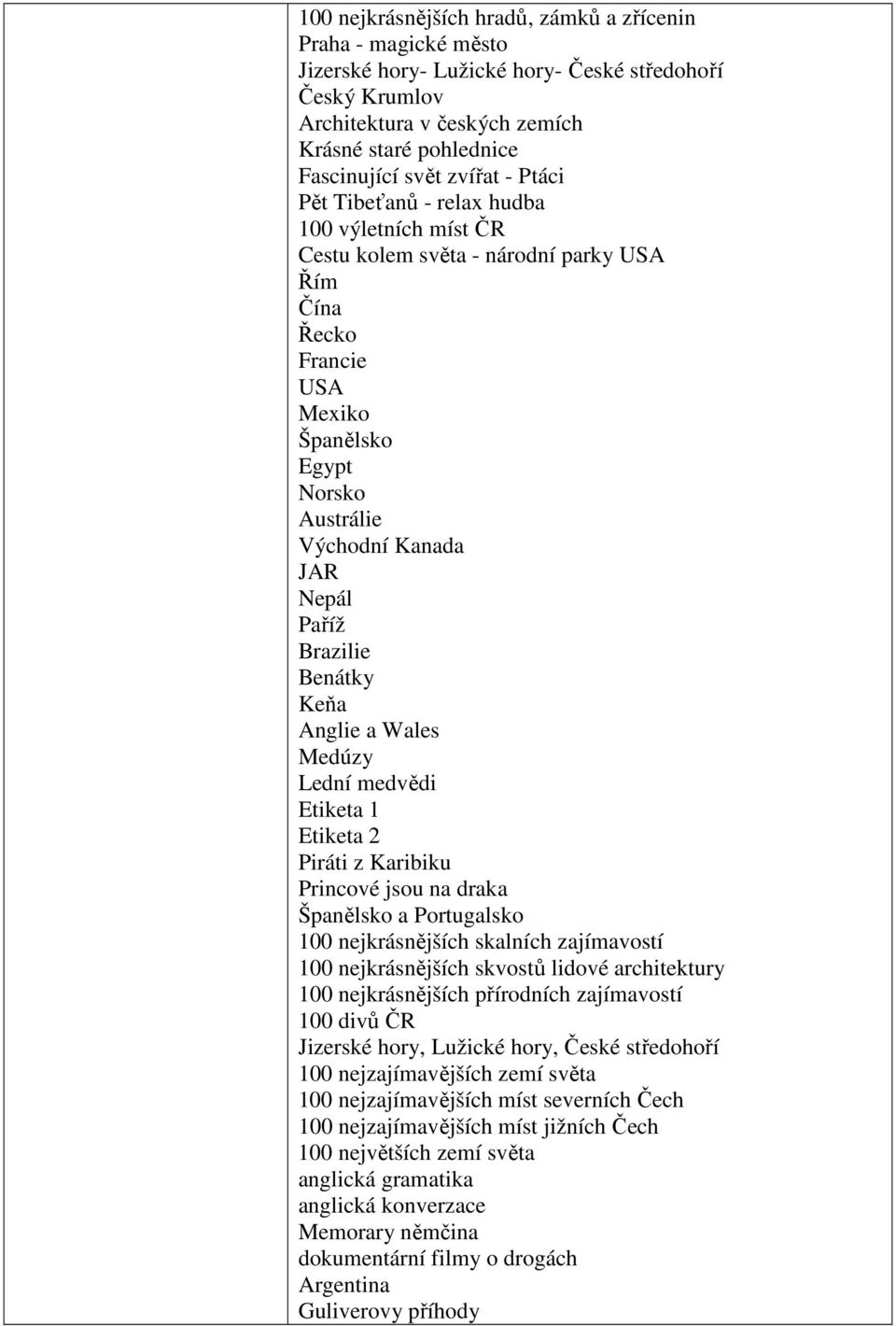 Paříž Brazilie Benátky Keňa Anglie a Wales Medúzy Lední medvědi Etiketa 1 Etiketa 2 Piráti z Karibiku Princové jsou na draka Španělsko a Portugalsko 100 nejkrásnějších skalních zajímavostí 100