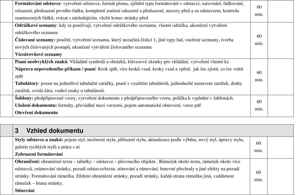 vytváření odrážkového seznamu Číslované seznamy: použití, vytvoření seznamu, který nezačíná číslicí 1, jiné typy řad, vnořené seznamy, tvorba nových číslovaných postupů, ukončení vytváření