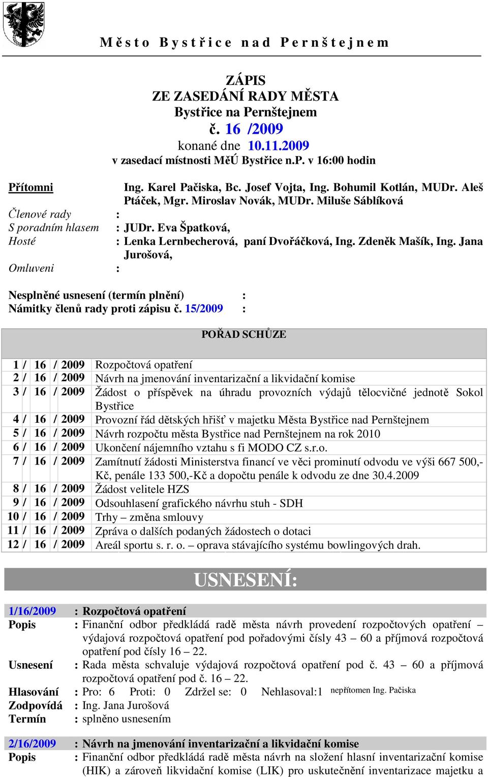 Eva Špatková, Hosté : Lenka Lernbecherová, paní Dvořáčková, Ing. Zdeněk Mašík, Ing. Jana Jurošová, Omluveni : Nesplněné usnesení (termín plnění) : Námitky členů rady proti zápisu č.