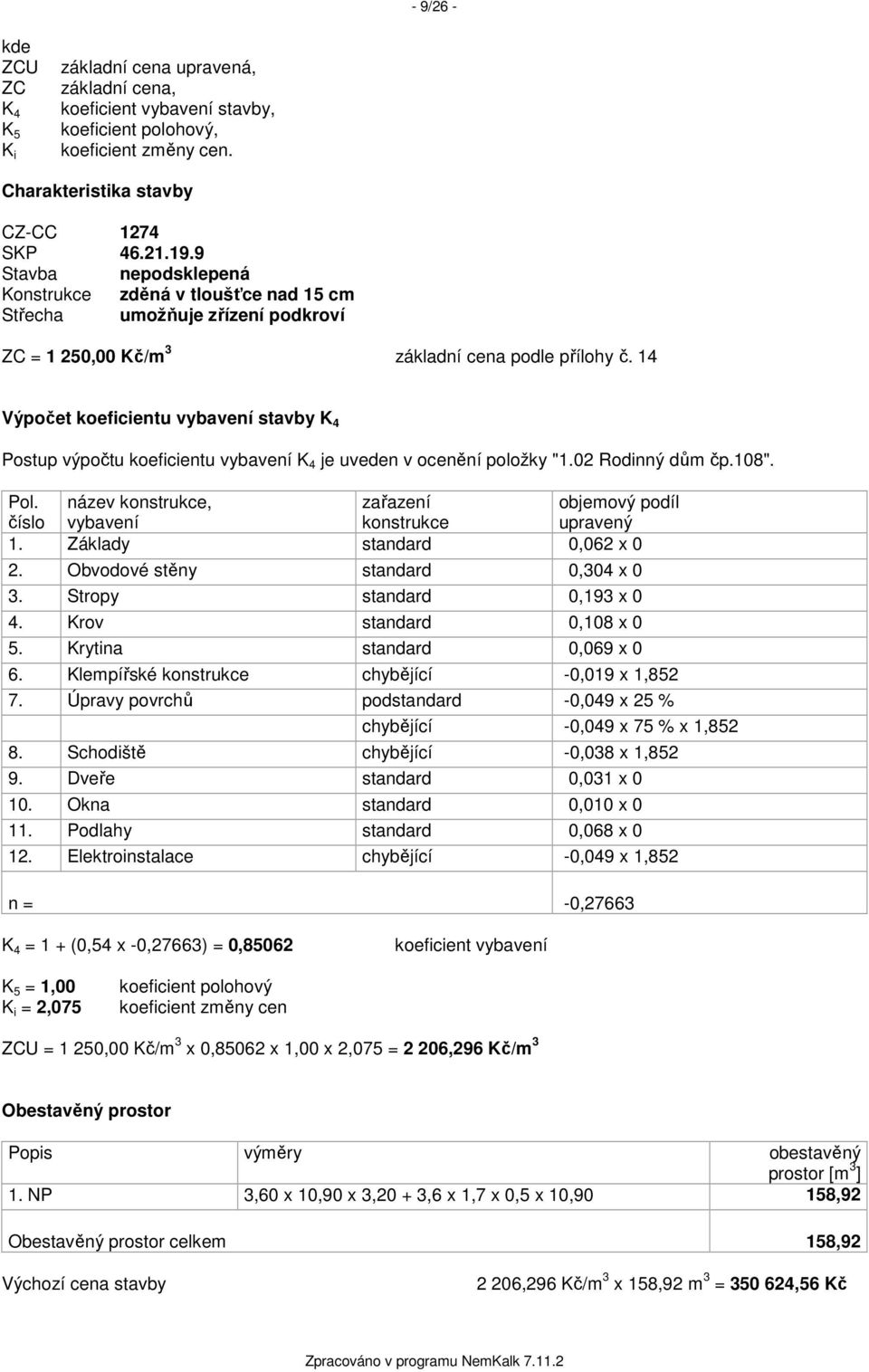 14 Výpočet koeficientu vybavení stavby K 4 Postup výpočtu koeficientu vybavení K 4 je uveden v ocenění položky "1.02 Rodinný dům čp.108". Pol.