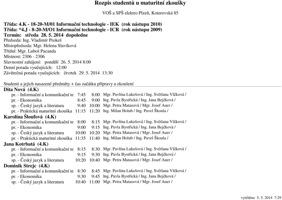 Milan Holub / Ing. Pavel Škoula / Karolína Šloufová (4.K) pr. - Informační a komunikační te 8:00 8:15 Mgr. Pavlína Lukešová / Ing. Světlana Vlčková / pr. - Ekonomika 9:00 9:15 Ing.