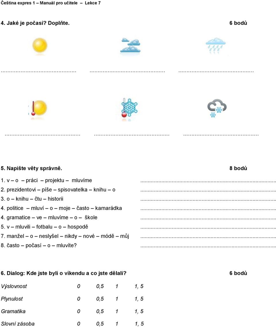 gramatice ve mluvíme o škole 5. v mluvili fotbalu o hospodě 7. manžel o neslyšel nikdy nové módě můj 8. často počasí o mluvíte?