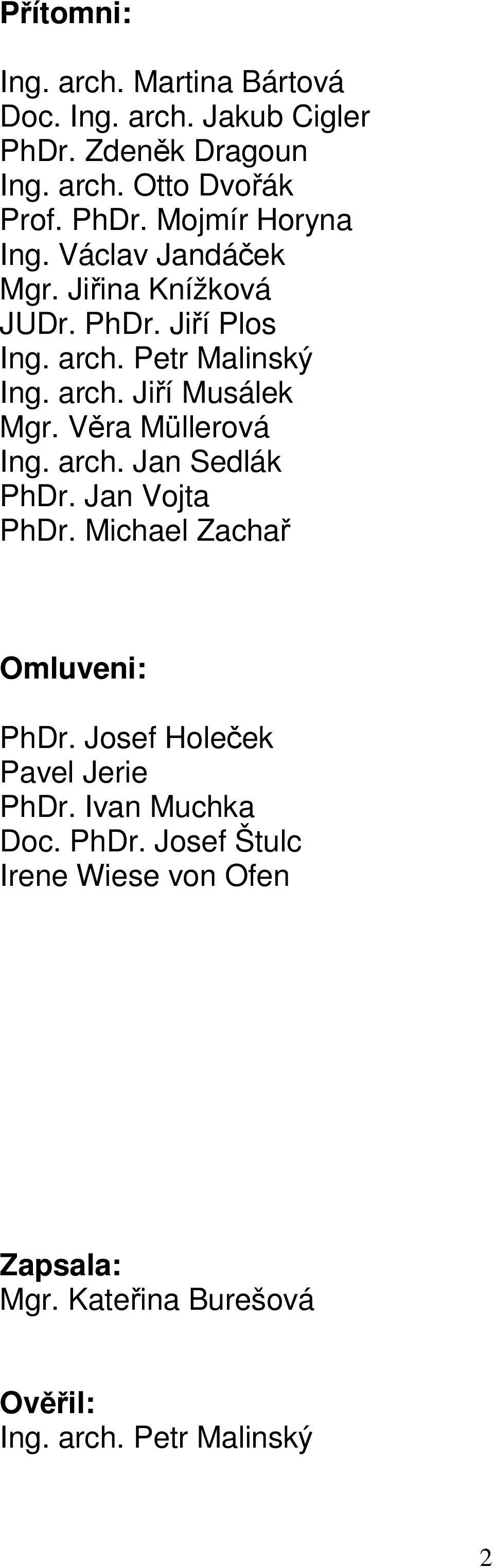 Věra Müllerová Ing. arch. Jan Sedlák PhDr. Jan Vojta PhDr. Michael Zachař Omluveni: PhDr. Josef Holeček Pavel Jerie PhDr.