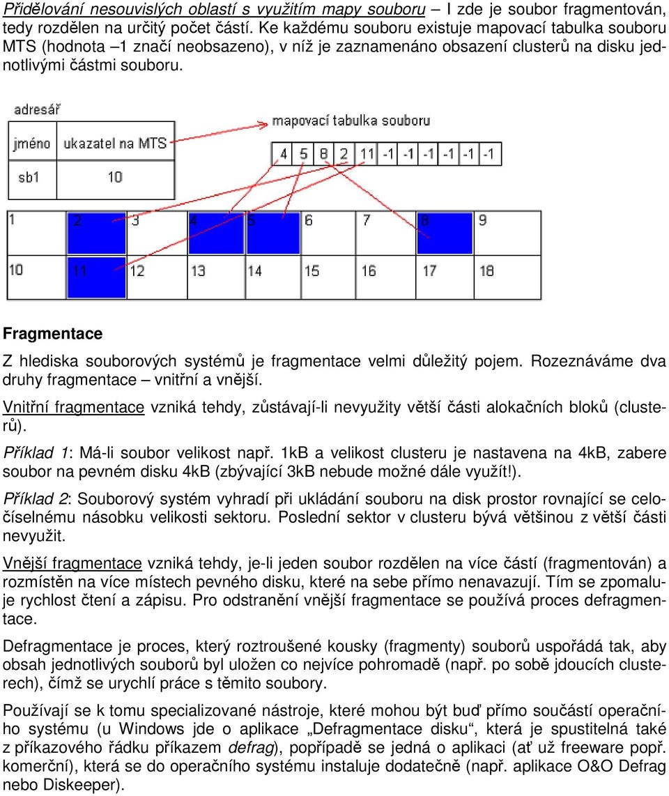 Fragmentace Z hlediska souborových systémů je fragmentace velmi důležitý pojem. Rozeznáváme dva druhy fragmentace vnitřní a vnější.