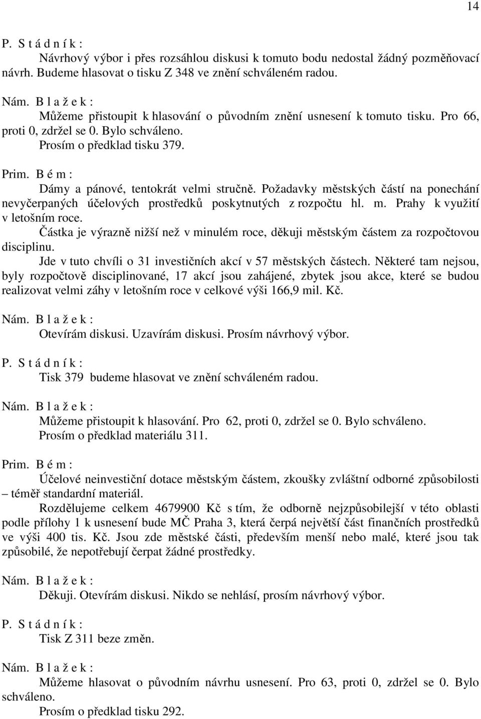 Požadavky městských částí na ponechání nevyčerpaných účelových prostředků poskytnutých z rozpočtu hl. m. Prahy k využití v letošním roce.