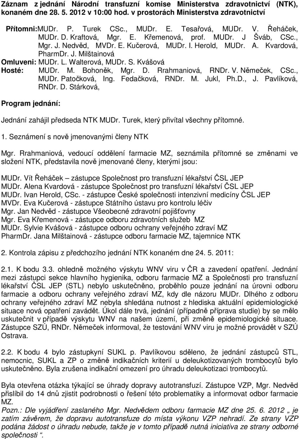 L. Walterová, MUDr. S. Kvášová Hosté: MUDr. M. Bohoněk, Mgr. D. Rrahmaniová, RNDr. V. Němeček, CSc., MUDr. Patočková, Ing. Fedačková, RNDr. M. Jukl, Ph.D., J. Pavlíková, RNDr. D. Stárková, Program jednání: Jednání zahájil předseda NTK MUDr.