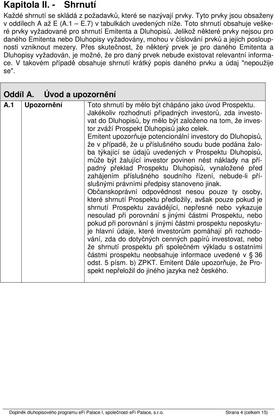 Jelikož některé prvky nejsou pro daného Emitenta nebo Dluhopisy vyžadovány, mohou v číslování prvků a jejich posloupnosti vzniknout mezery.