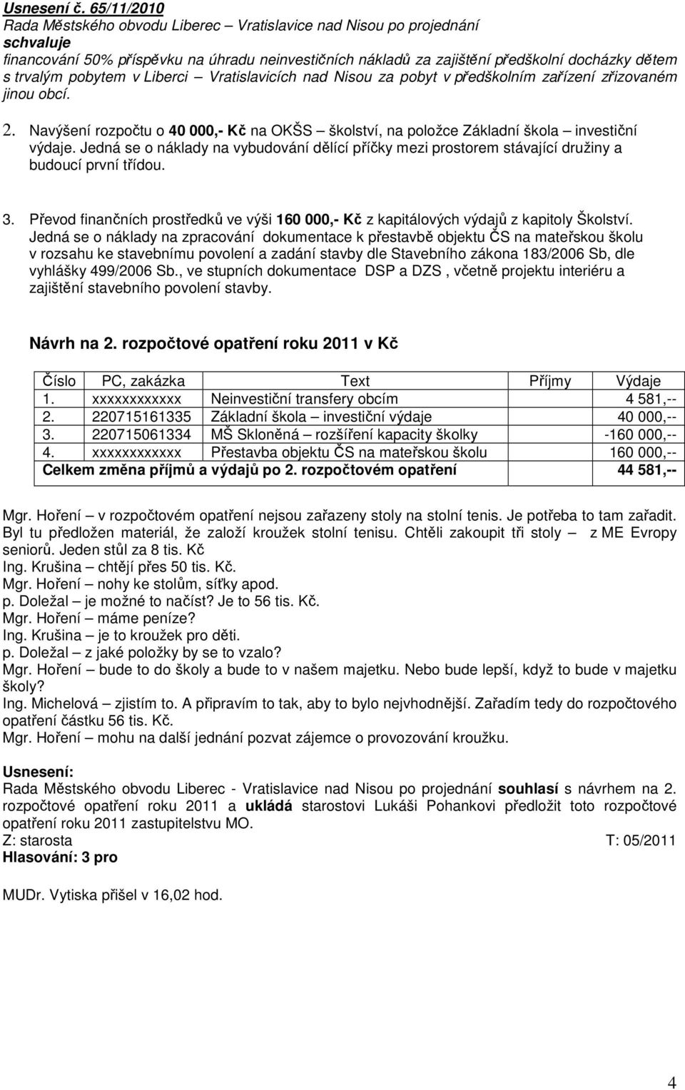 pobytem v Liberci Vratislavicích nad Nisou za pobyt v předškolním zařízení zřizovaném jinou obcí. 2. Navýšení rozpočtu o 40 000,- Kč na OKŠS školství, na položce Základní škola investiční výdaje.