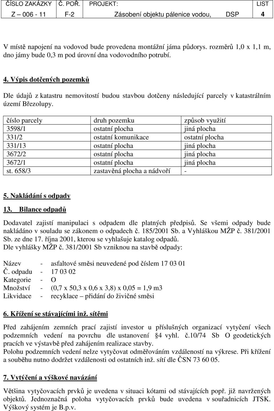 číslo parcely druh pozemku způsob využití 3598/1 ostatní plocha jiná plocha 331/2 ostatní komunikace ostatní plocha 331/13 ostatní plocha jiná plocha 3672/2 ostatní plocha jiná plocha 3672/1 ostatní