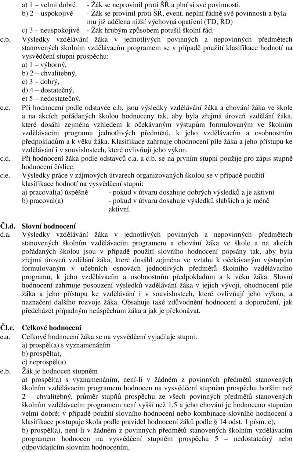 Výsledky vzdělávání žáka v jednotlivých povinných a nepovinných předmětech stanovených školním vzdělávacím programem se v případě použití klasifikace hodnotí na vysvědčení stupni prospěchu: a) 1