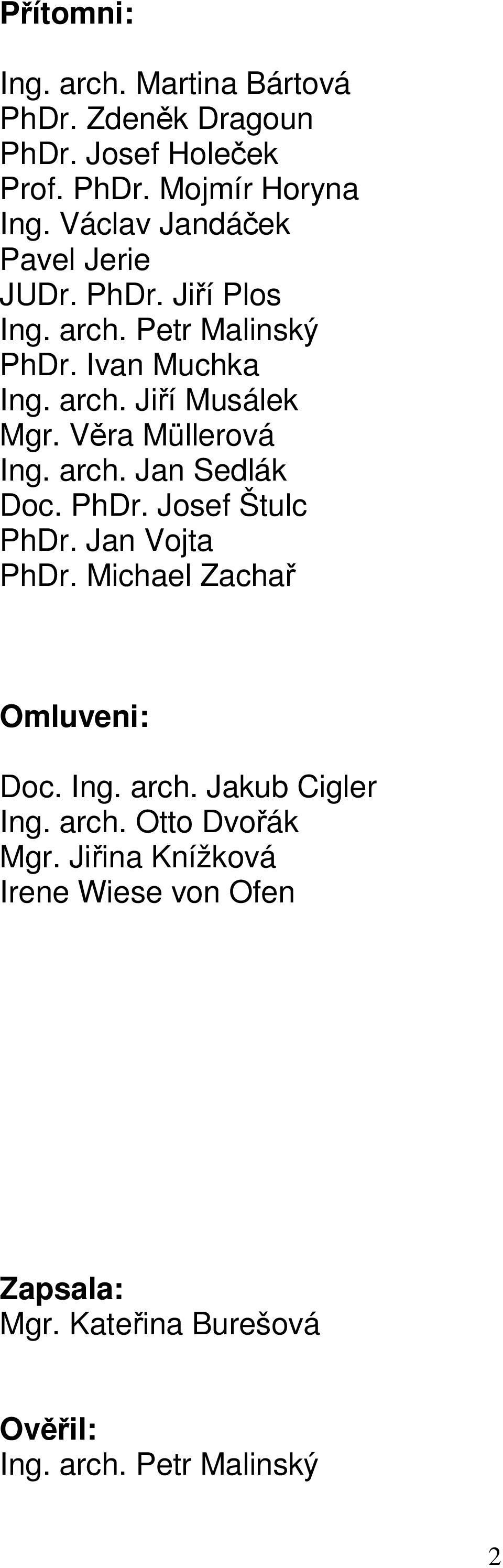 Věra Müllerová Ing. arch. Jan Sedlák Doc. PhDr. Josef Štulc PhDr. Jan Vojta PhDr. Michael Zachař Omluveni: Doc. Ing. arch. Jakub Cigler Ing.