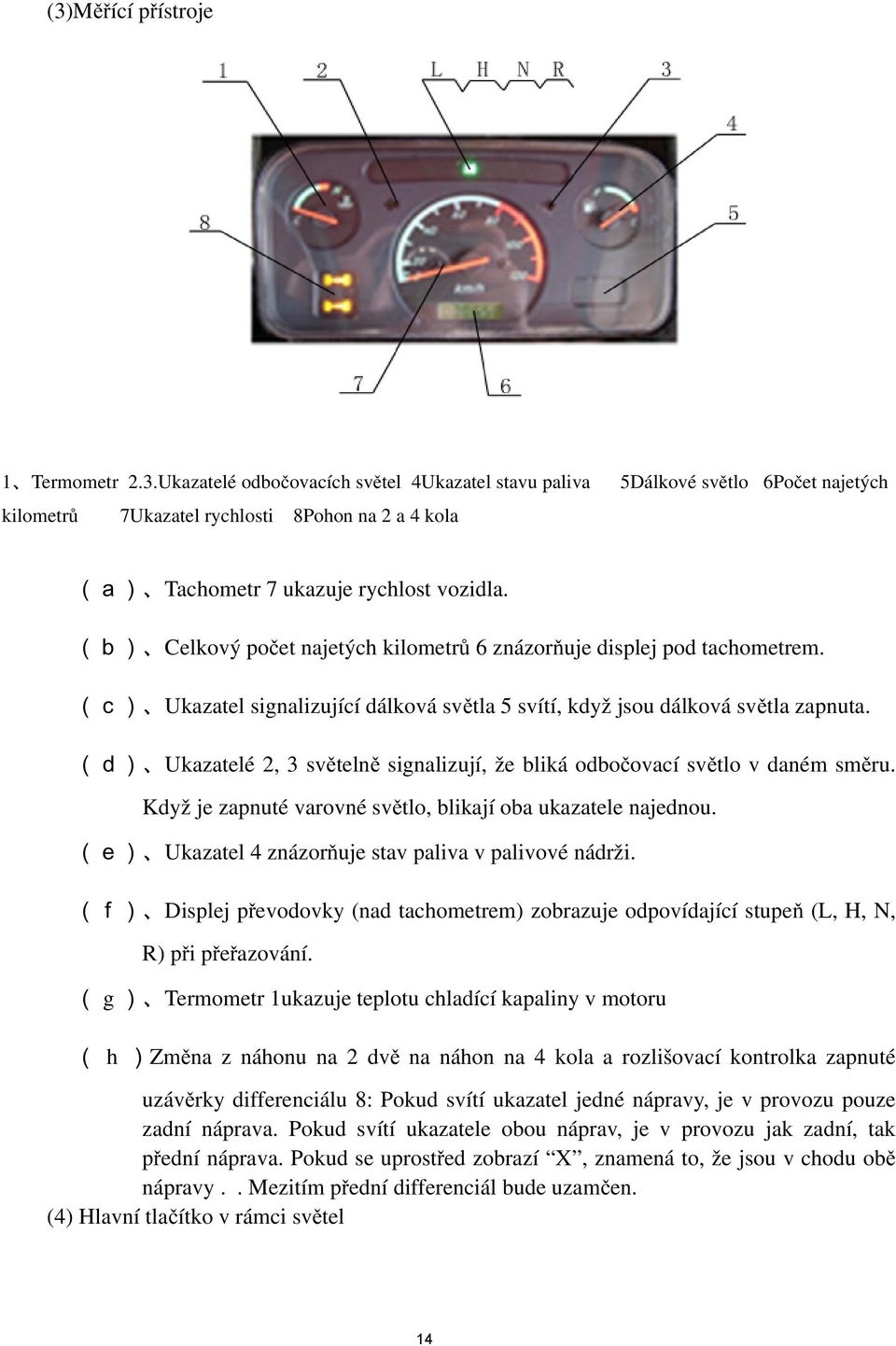 (d) Ukazatelé 2, 3 světelně signalizují, že bliká odbočovací světlo v daném směru. Když je zapnuté varovné světlo, blikají oba ukazatele najednou.