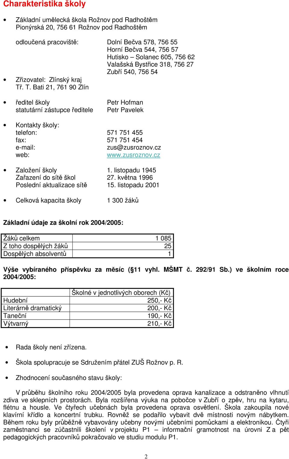 . T. Bati 21, 761 90 Zlín ředitel školy Petr Hofman statutární zástupce ředitele Petr Pavelek Kontakty školy: telefon: 571 751 455 fax: 571 751 454 e-mail: zus@zusroznov.cz web: www.zusroznov.cz Založení školy 1.