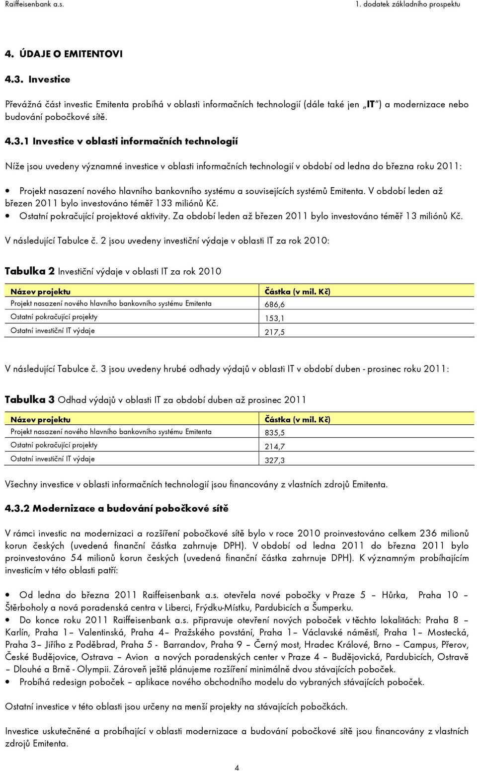 1 Investice v oblasti informačních technologií Níže jsou uvedeny významné investice v oblasti informačních technologií v období od ledna do března roku 2011: Projekt nasazení nového hlavního