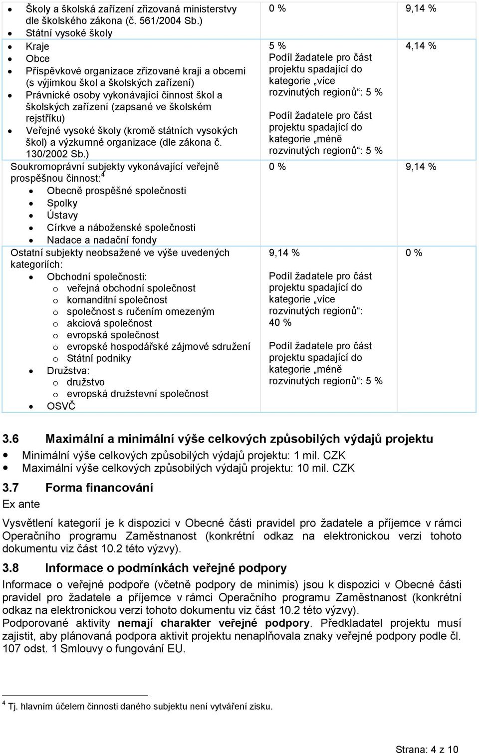 školském rejstříku) Veřejné vysoké školy (kromě státních vysokých škol) a výzkumné organizace (dle zákona č. 130/2002 Sb.