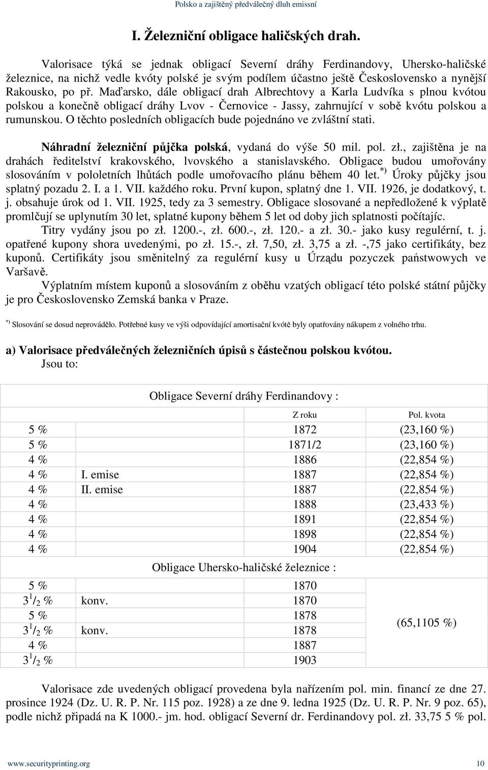 Maďarsko, dále obligací drah Albrechtovy a Karla Ludvíka s plnou kvótou polskou a konečně obligací dráhy Lvov - Černovice - Jassy, zahrnující v sobě kvótu polskou a rumunskou.