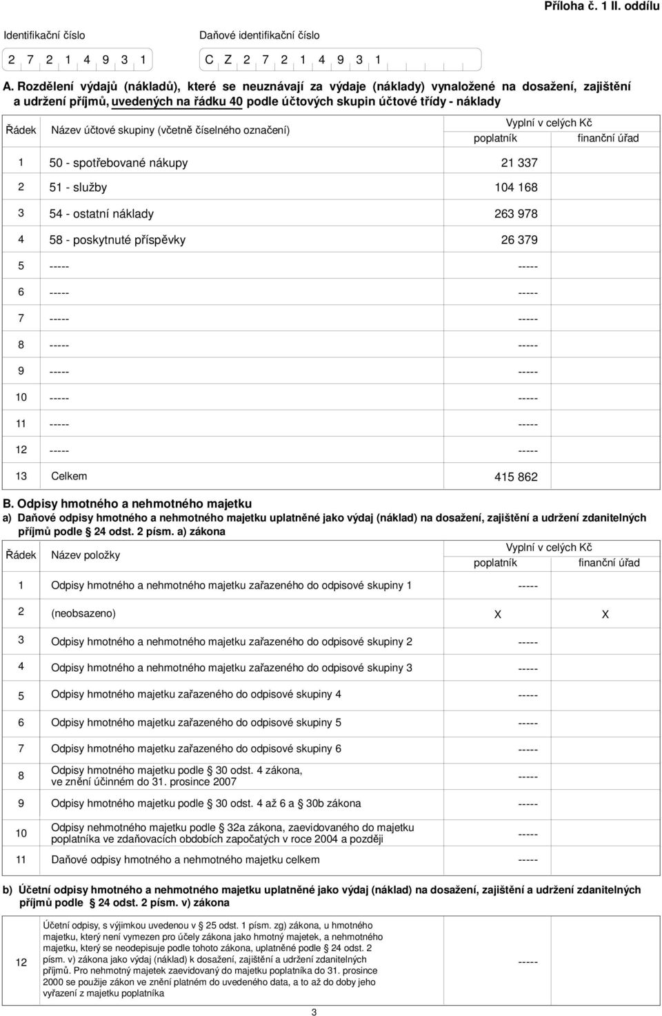 účtové skupiny (včetně číselného označení) Vyplní v celých Kč poplatník finanční úřad 1 3 4 5 6 7 8 9 10 11 1 50 - spotřebované nákupy 1 337 51 - služby 104 168 54 - ostatní náklady 63 978 58 -
