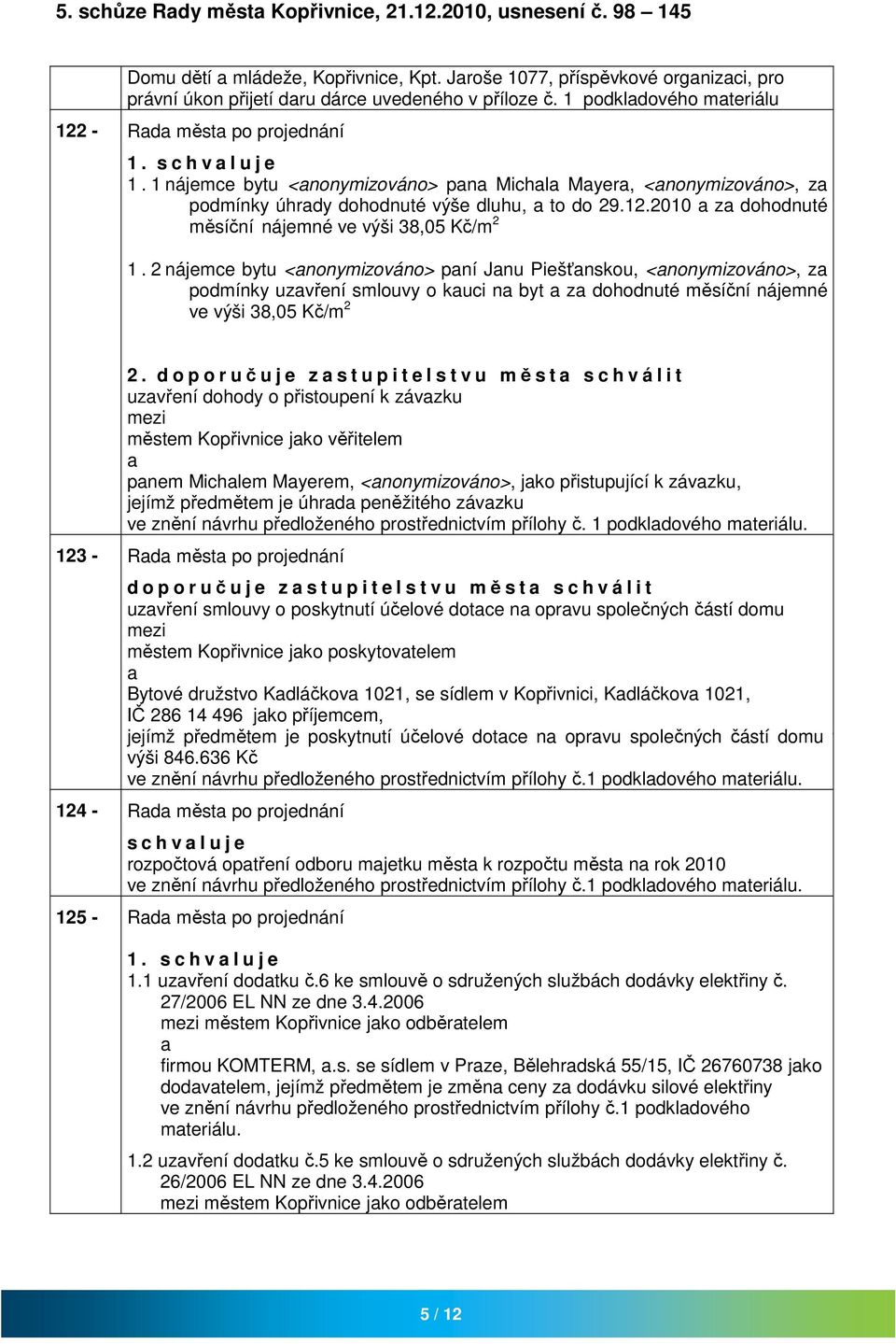 2 nájemce bytu <nonymizováno> pní Jnu Piešťnskou, <nonymizováno>, z podmínky uzvření smlouvy o kuci n byt z dohodnuté měsíční nájemné ve výši 38,05 Kč/m 2 2.