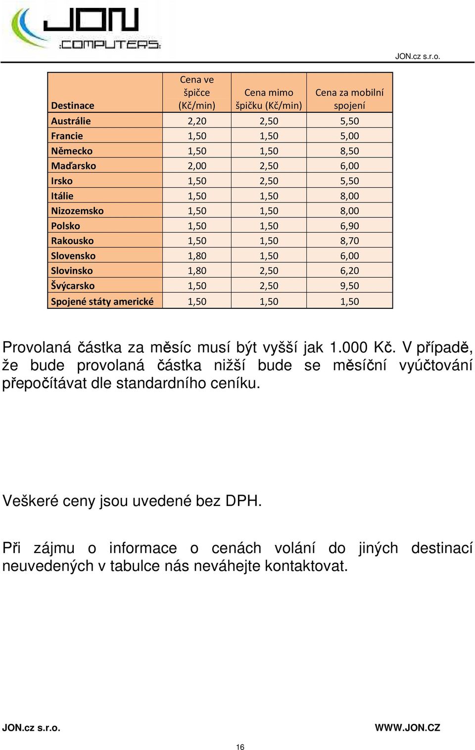 1,50 2,50 9,50 Spojené státy americké 1,50 1,50 1,50 Provolaná částka za měsíc musí být vyšší jak 1.000 Kč.