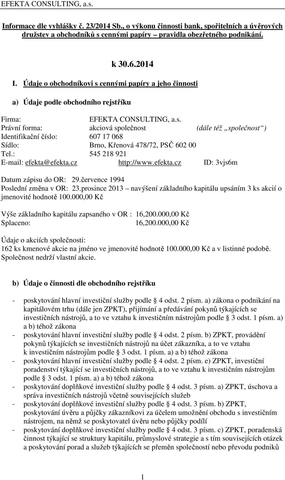 : 545 218 921 E-mail: efekta@efekta.cz http://www.efekta.cz ID: 3vjs6m Datum zápisu do OR: 29.července 1994 Poslední změna v OR: 23.