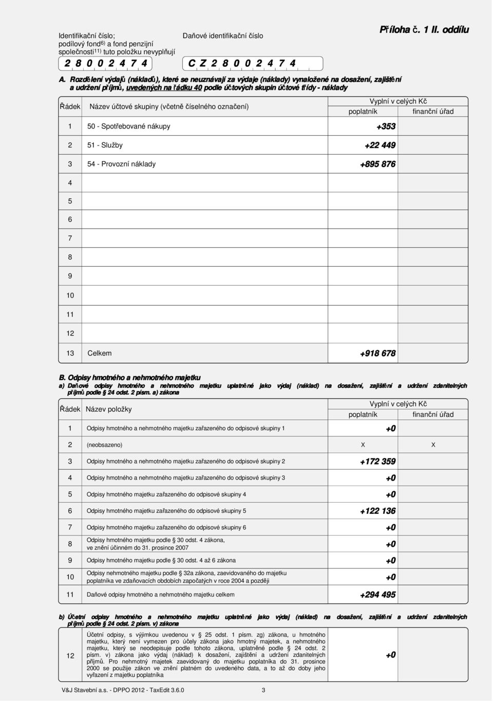 Název účtové skuiny (včetně číselného označení) 0 - Sotřebované nákuy + Vylní v celých Kč olatník finanční úřad - Služby + 9 - Provozní náklady +9 9 0 Celkem +9 B.