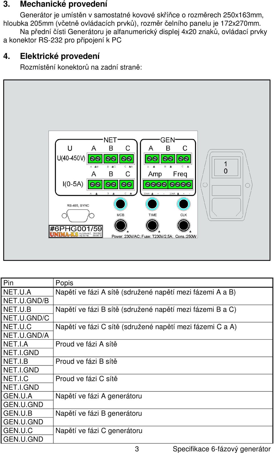 U.B NET.U.GND/C NET.U.C NET.U.GND/A NET.I.A NET.I.GND NET.I.B NET.I.GND NET.I.C NET.I.GND GEN.U.A GEN.U.GND GEN.U.B GEN.U.GND GEN.U.C GEN.U.GND Popis Nap tí ve fázi A sít (sdružené nap tí mezi fázemi