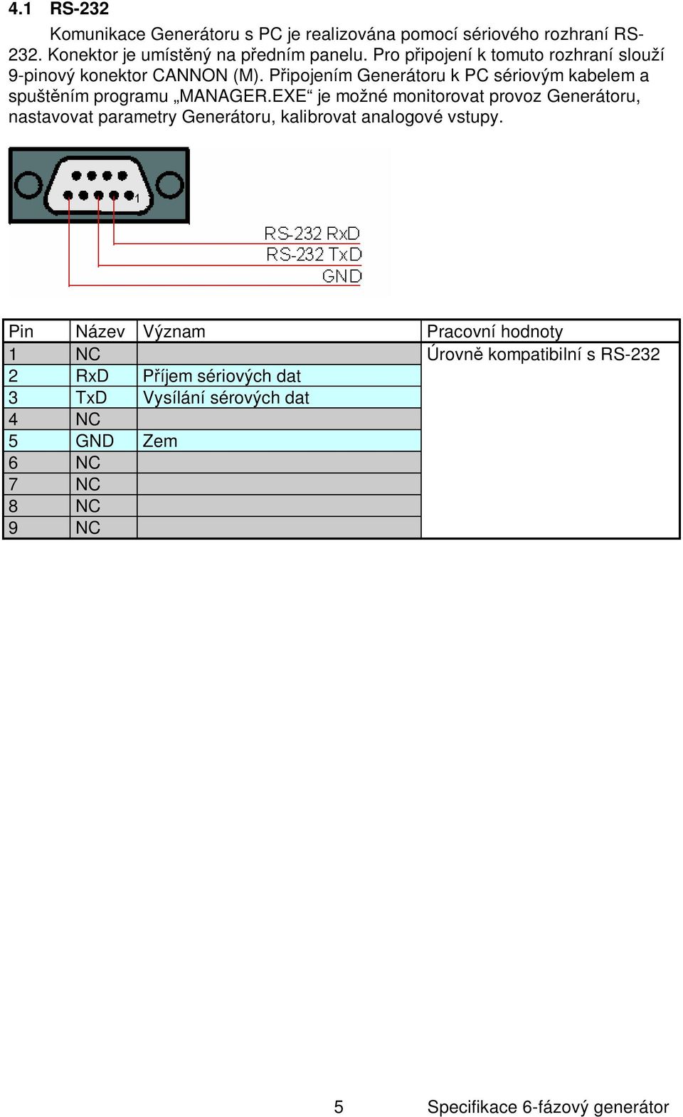 P ipojením Generátoru k PC sériovým kabelem a spušt ním programu MANAGER.