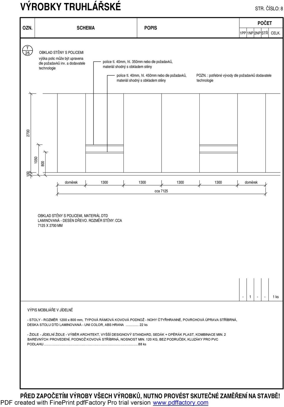 450mm nebo dle požadavků, materiál shodný s obkladem stěny : potřebné vývody dle požadavků dodavatele technologie 00 2700 050 800 doměrek 300 300 300 300 doměrek cca 725 OBKAD SĚNY S OICEMI, MAERIÁ