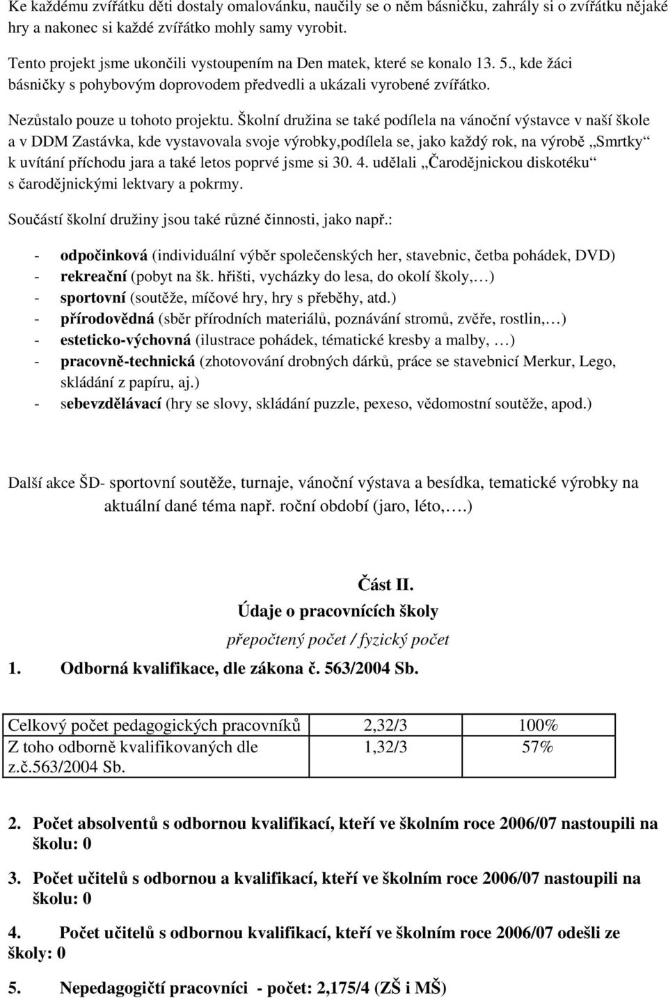 Školní družina se také podílela na vánoční výstavce v naší škole a v DDM Zastávka, kde vystavovala svoje výrobky,podílela se, jako každý rok, na výrobě Smrtky k uvítání příchodu jara a také letos