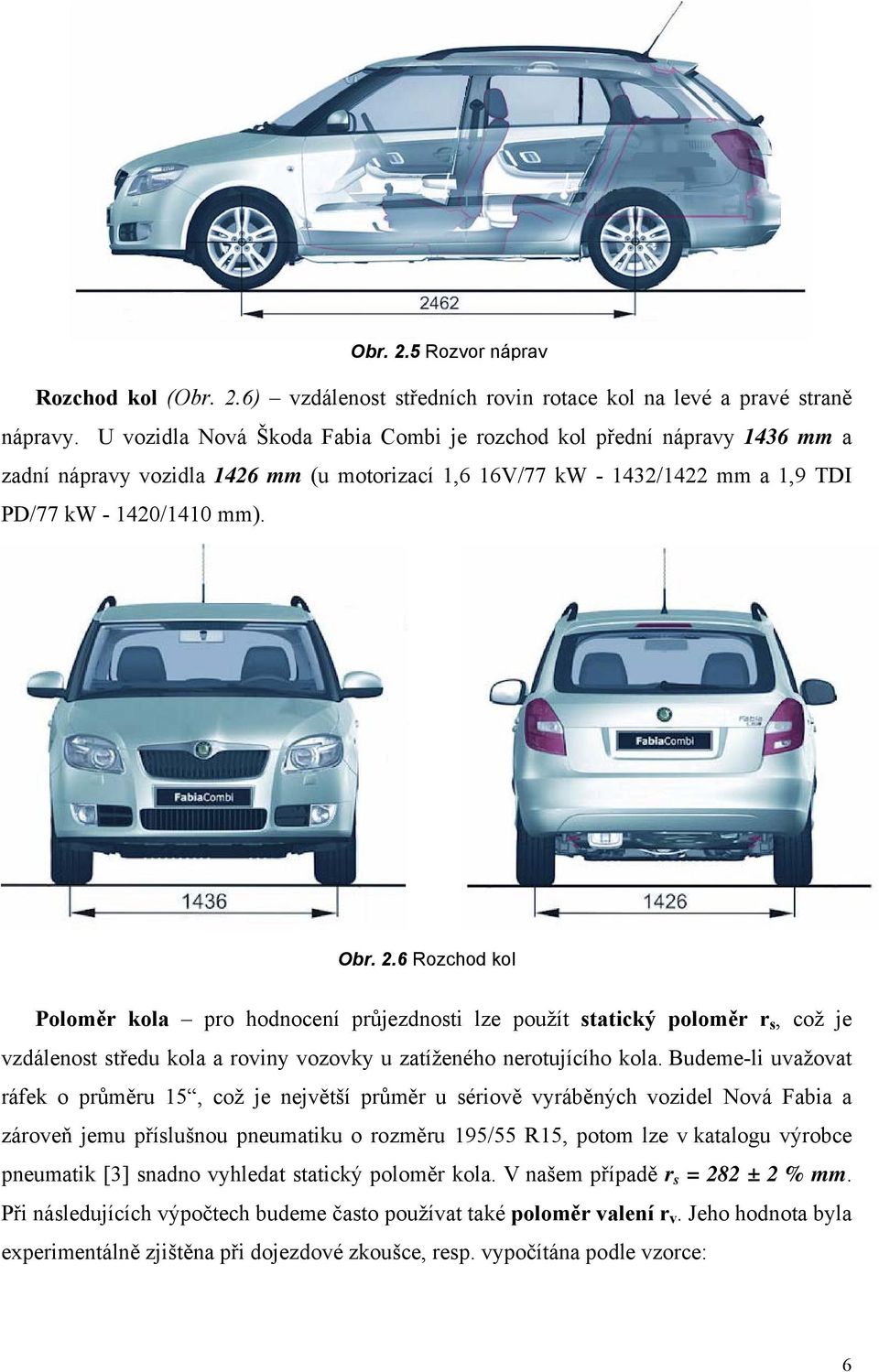 6 Rozchod kol Poloměr kola pro hodnocení průjezdnosti lze použít statický poloměr r s, což je vzdálenost středu kola a roviny vozovky u zatíženého nerotujícího kola.