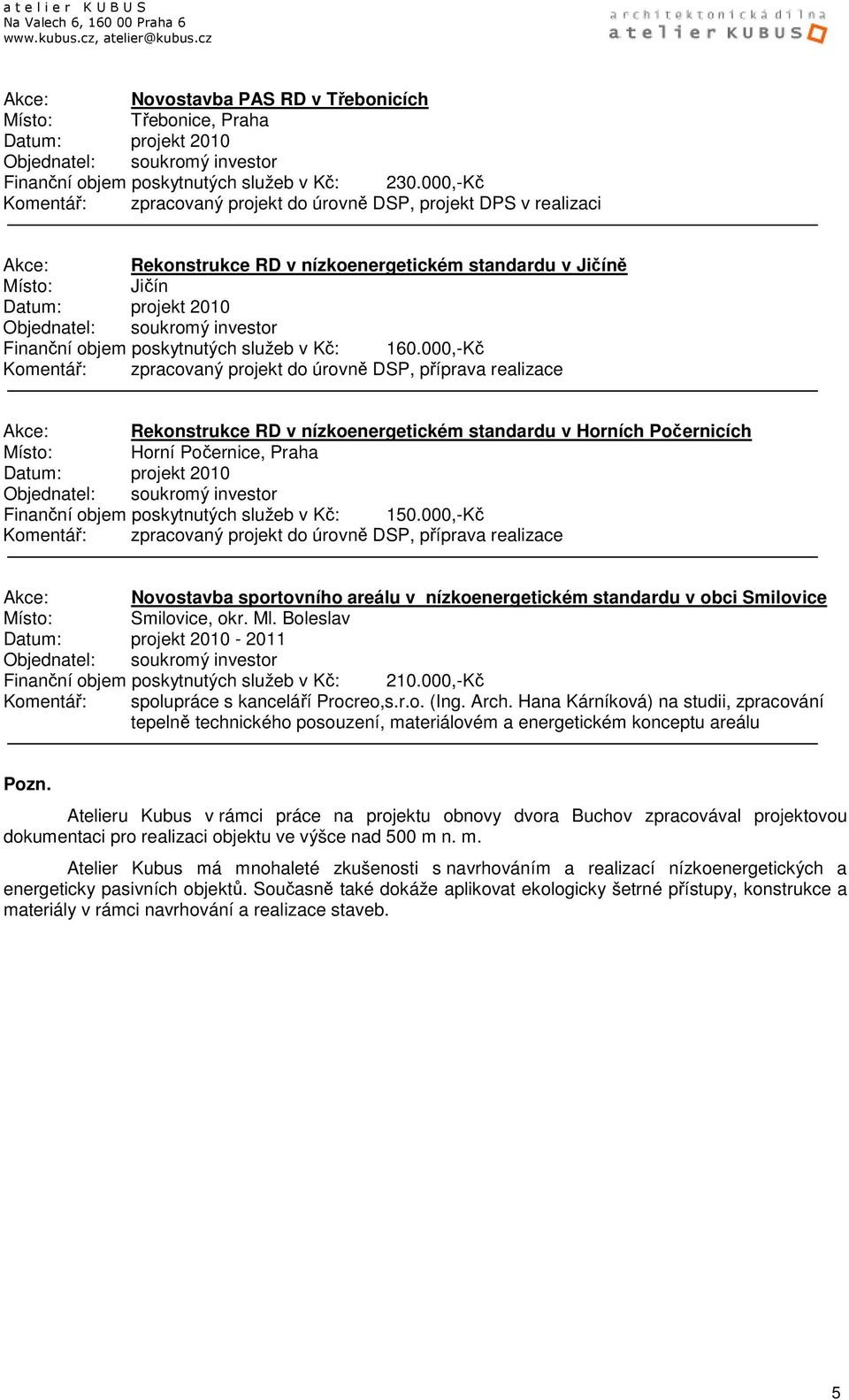 000,-Kč Komentář: zpracovaný projekt do úrovně DSP, příprava realizace Akce: Rekonstrukce RD v nízkoenergetickém standardu v Horních Počernicích Místo: Horní Počernice, Praha Finanční objem