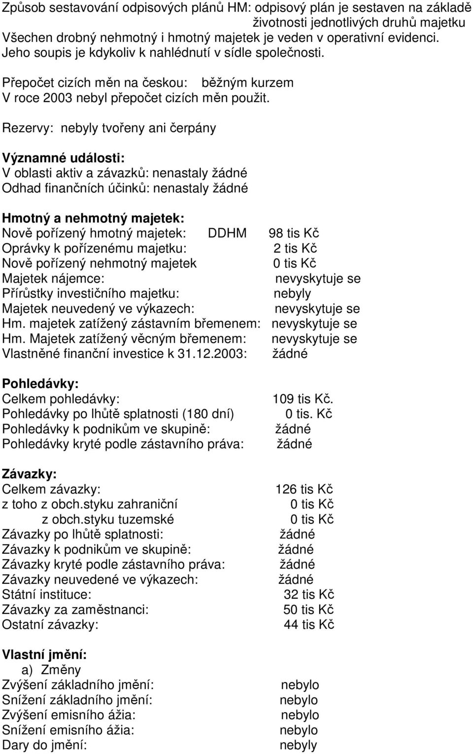 Rezervy: nebyly tvořeny ani čerpány Významné události: V oblasti aktiv a závazků: nenastaly Odhad finančních účinků: nenastaly Hmotný a nehmotný majetek: Nově pořízený hmotný majetek: DDHM 98 tis Kč