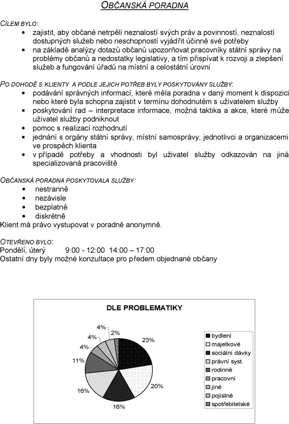 KLIENTY A PODLE JEJICH POTŘEB BYLY POSKYTOVÁNY SLUŽBY: podávání správných informací, které měla poradna v daný moment k dispozici nebo které byla schopna zajistit v termínu dohodnutém s uživatelem